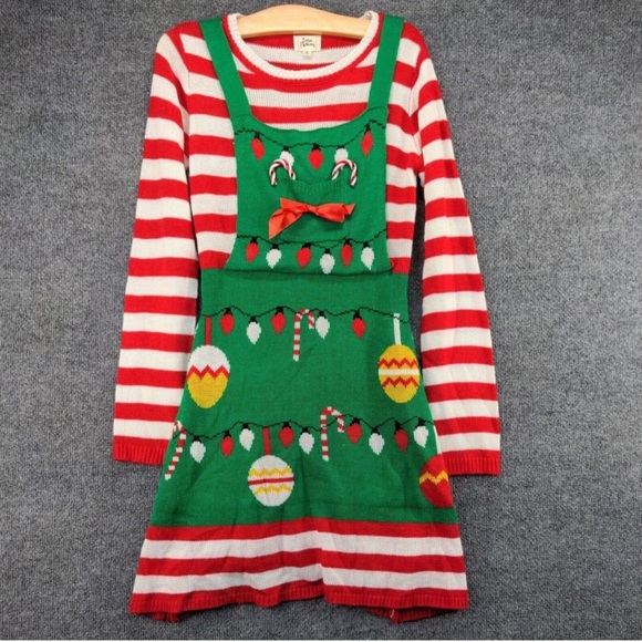 Born Famous Ugly Christmas Sweater Dress Medium Multicolor Stripe w/ Candy Canes - Picture 4 of 10